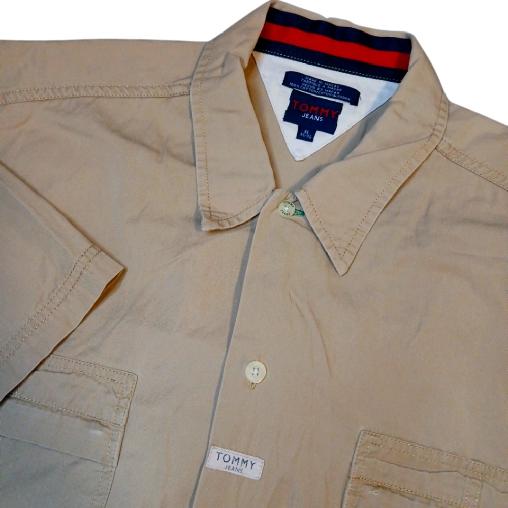 Tommy Jeans Y2K‎ Khaki Casual Button Up Collar Shirt size XL